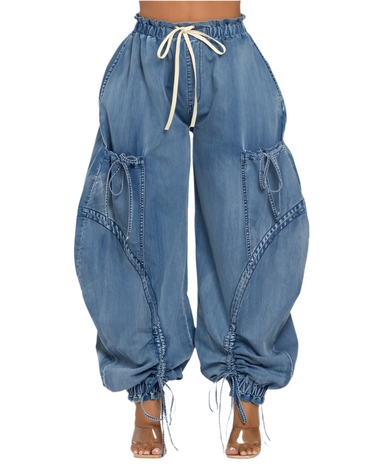 Urban Chic Drawstring Denim Cargo Pants